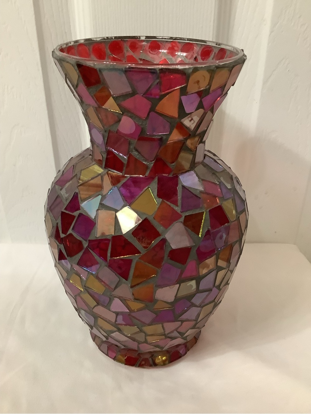 Vintage Mosaic Glass Vase in Pink, Red & Orange Tones
